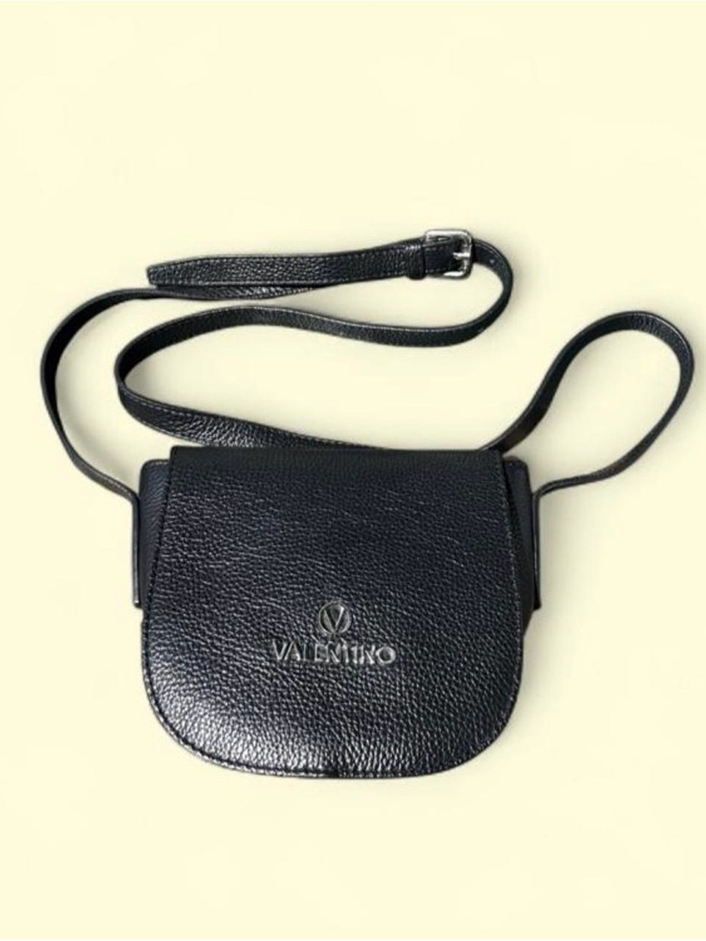 Valentino by Mario Valentino Black Pebbled Crossbody Bag | V Logo